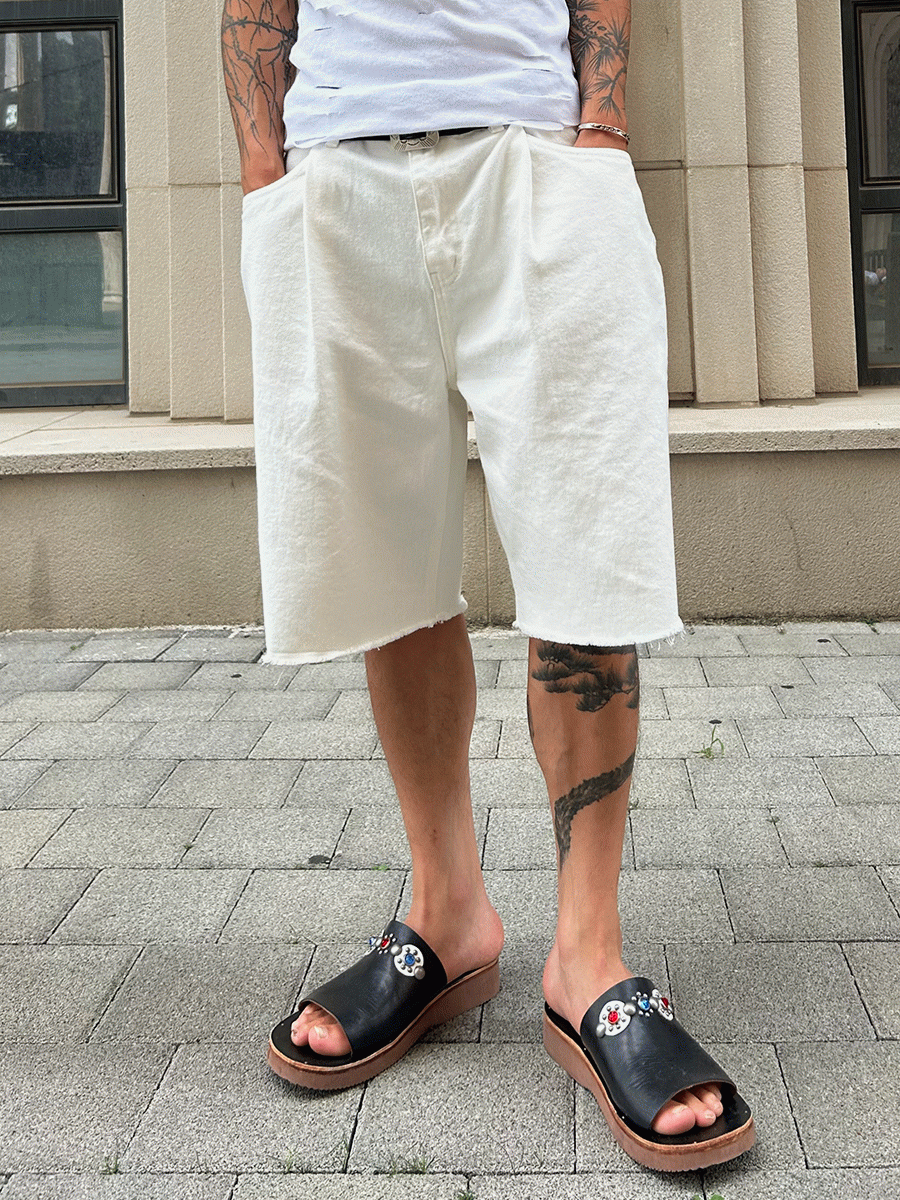 Cut Denim Bermuda Pants (White)