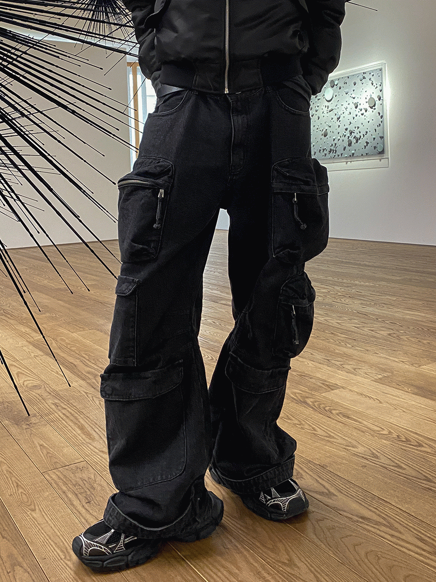 Multi-pocket Black Denim Cargo Pants