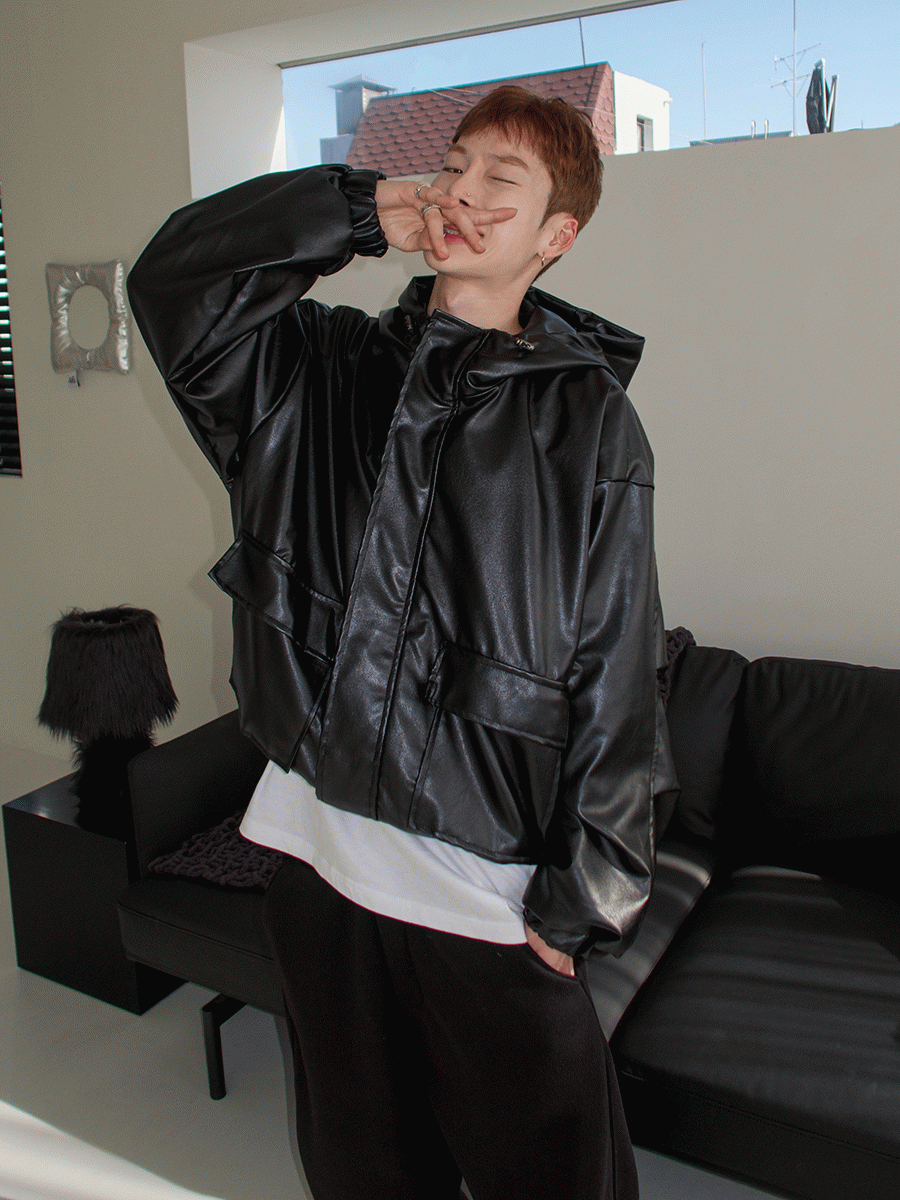 Black Leather Hooded Jacket